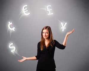 young lady standing and juggling with currency icons