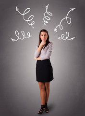 Young woman thinking with arrows overhead