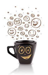 Coffee-cup with brown hand drawn happy smiley faces