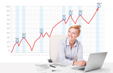 Young businesswoman calculating stock market with rising graph i