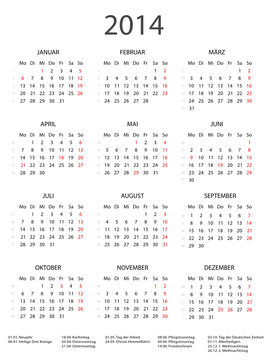 2014 Kalender schwarz/weiss incl Feiertage