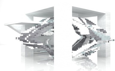 Abstract interior of concrete blocks and glass