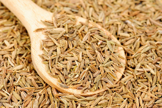 Cumin seeds macro and wooden spoon as background