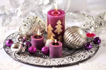 Silver and purple Christmas decorations.