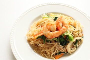 chinese food, shrimp and rice noodles stir fried