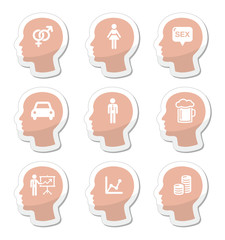 Head, man thoughts vector icons set