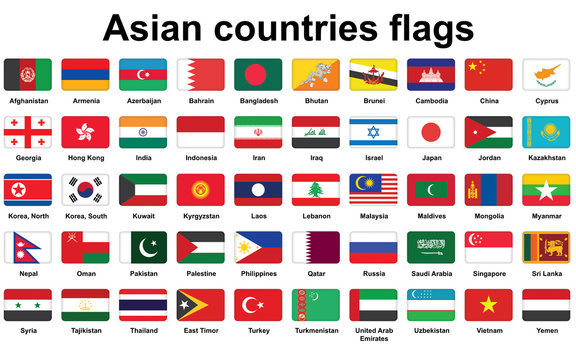 set of Asian countries flags icons with rounded corners