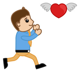 A Cartoon Man Trying to Catch a Flying Heart