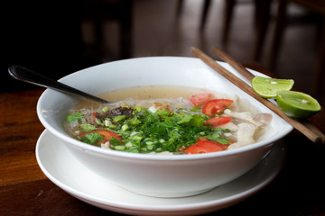 Pho soup as it is served in south east asia