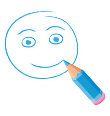 Blue colored pencil drawing a happy face.