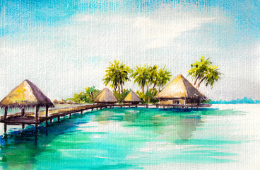 Over water bungalows in blue sea, watercolor painted.