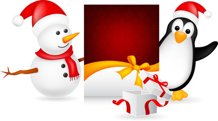 snowman and penguin with christmas card