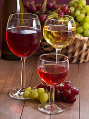 Wein im Weinglas mit einem Korb Weintrauben im Hintergrund