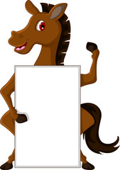cute brown horse cartoon with blank sign
