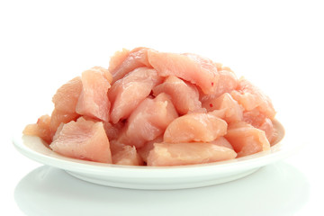 raw chicken meat on plate, isolated on white