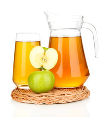 Full glass and jug of apple juice and apples isolted on white