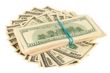 Many of one hundred dollars banknotes close-up isolated on