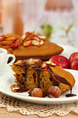 slice of tasty homemade pie with chocolate and apples,