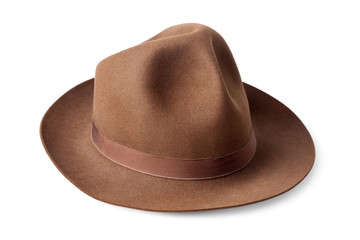 brown male felt hat isolated on white background