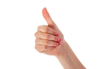 Female hand showing thumb up isolated over white