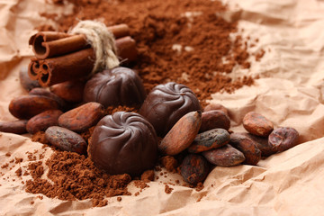 Composition of chocolate sweets, cocoa and  spices