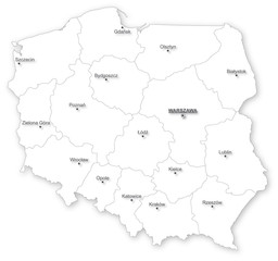Vector map of Poland with voivodeships and main cities on white. All elements are separated in editable layers clearly labeled.