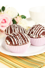 Sweet chocolate cupcakes close up