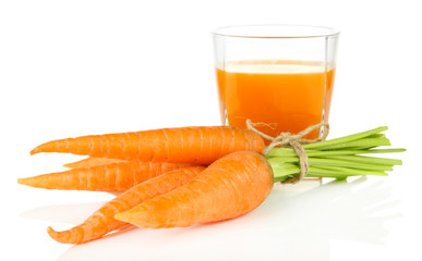 Heap of carrots, glass of juice, isolated on white