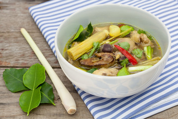 Traditional homemade chicken bouillon with herb.