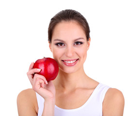 Smiling woman with apple isolated on white