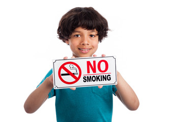 Cute Mixed Race Boy with No Smoking Sign.