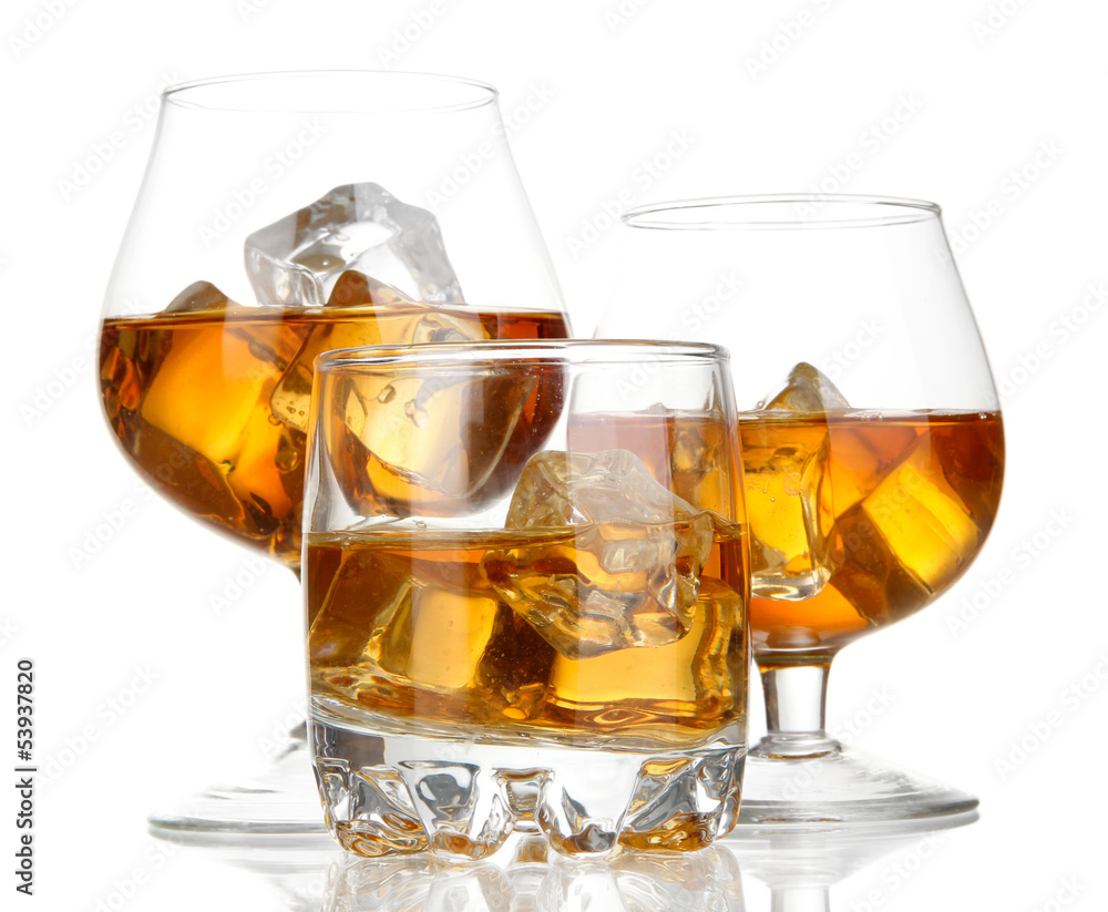 Poster brandy glasses with ice isolated on white