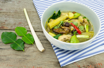 Traditional homemade chicken bouillon with herb.
