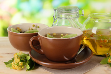 Kettle and cup of tea with linden