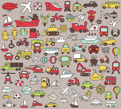 Big doodled transportation icons collection in colors
