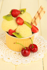 Delicious  ice cream with fruits and berries in bowl