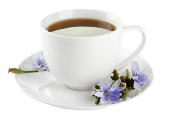 Cup of tea with chicory, isolated on white