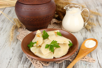 Tasty dumplings with fried onion