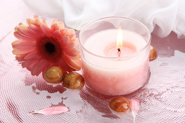 Beautiful pink candle with flower in water