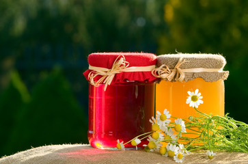 Jam and honey on green background
