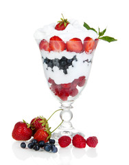 Natural yogurt with fresh berries isolated on white