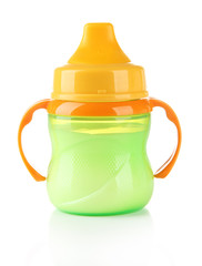 Bright baby bottle with milk isolated on white