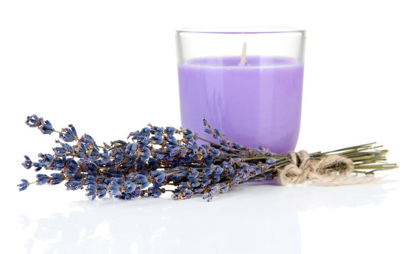 Fototapeta Lavender candle with fresh lavender, isolated on white
