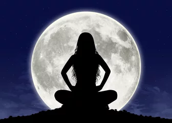 Acrylic prints Full moon young woman in meditation at the full moon