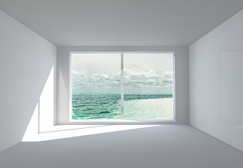 The empty white room with a big window and a view