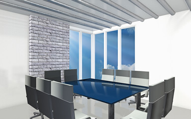 Fototapeta na wymiar Office white room with one gray brick wall and gray beams