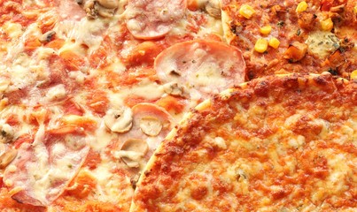 Close-up of different kinds of pizza.