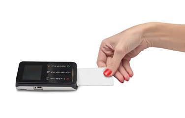 payment terminal, card and hand on white background isolated