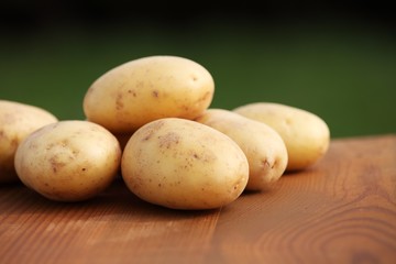 Raw potatoes on wooden table in the garden. Selective focus.
