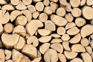 Chopped and stacked firewood for home fireplace
